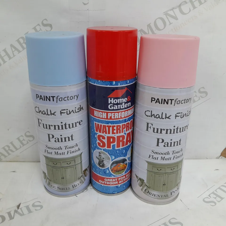 APPROXIMATELY 45 ASSORTED AEROSOLS TO INCLUDE PAINTFACTORY CHALK FURNITURE PAINT IN ORIENTAL PINK AND EGG SHELL BLUE (400ml), HOME & GARDEN WATERPROOF SPRAY (300ml), ETC