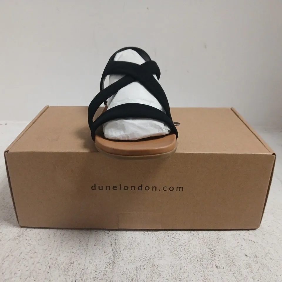 BOXED PAIR OF DUNE LONDON OPEN TOE CROSS STRAP SANDALS IN BLACK SIZE 5