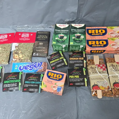 APPROXIMATELY 10 ASSORTED FOOD ITEMS TO INCLUDE SEASONING, RIO TUNA, AND DARK CHOCOLATE ETC. 
