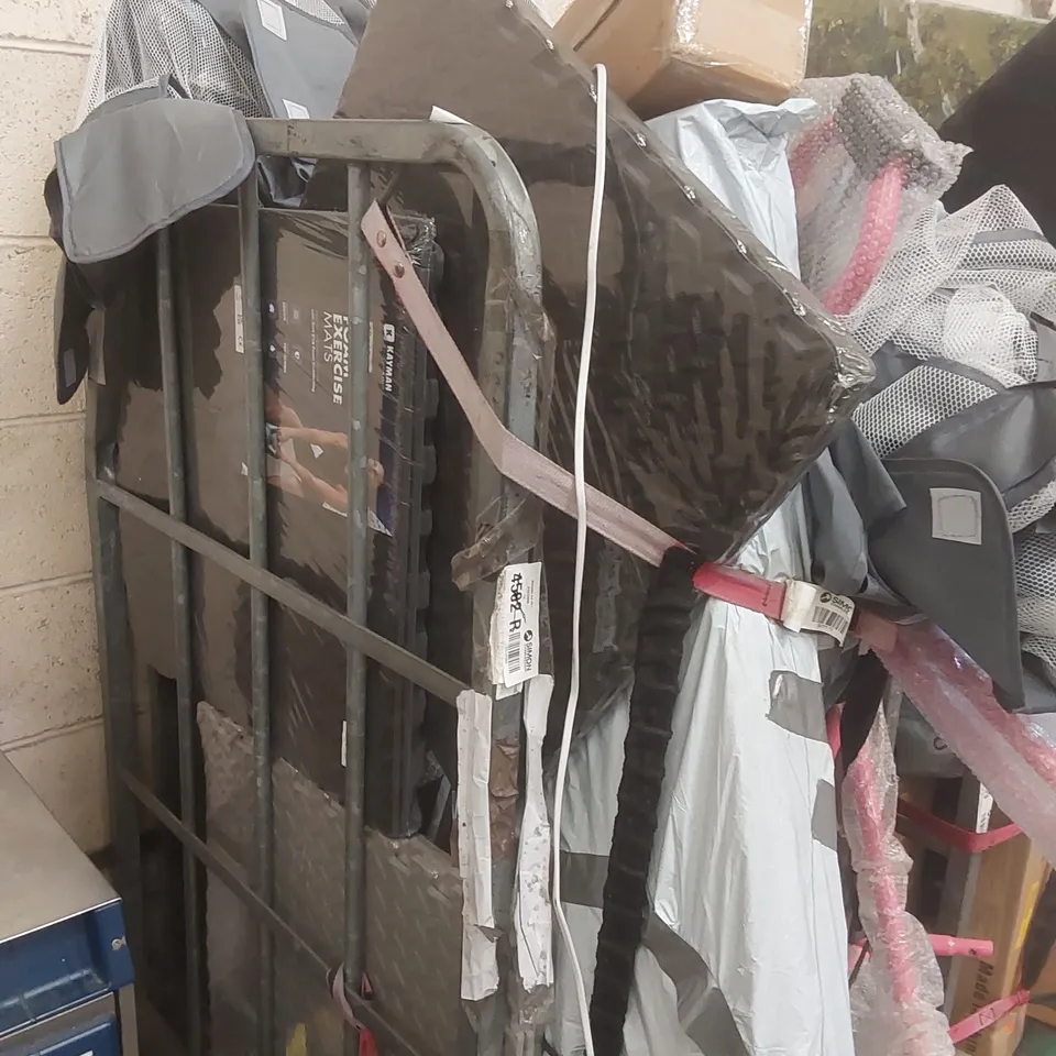 CAGE CONTAINING A LARGE QUANTITY OF ASSORTED ITEMS INCLUDING: FAN, EXERCISE MATS ECT - CAGE NOT INCLUDED