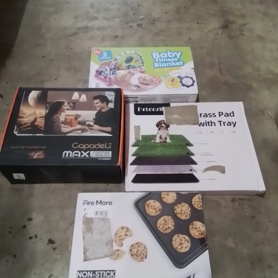 PALLET OF ASSORTED HOUSEHOLD GOODS AND PRODUCTS TO INCLUDE;BABY FITNESS BLANKET, COFFEE MAKER,DOG GRASS WITH TRAY,NON STICK BAKING SHEET SET AND OTHER ASSORTED ITEMS...