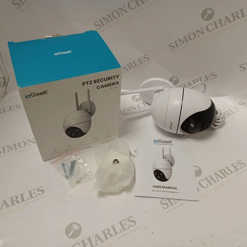 BOXED IEGEEK PTZ OUTDOOR WI-FI SECURITY CAMERA - MODEL ZS-GQ2 - WITH FITTINGS, USB POWER ADAPTER AND INSTRUCTIONS