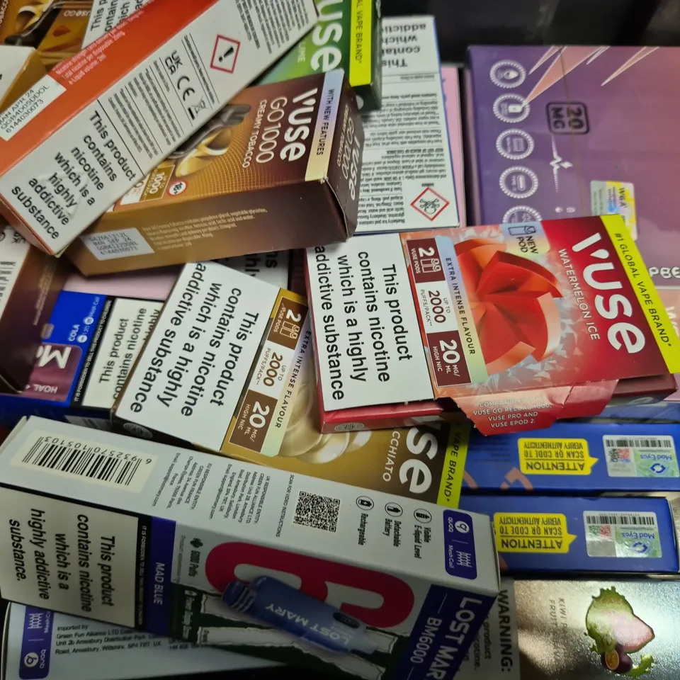 APPROXIMATELY 20 ASSORTED E-CIGARETTE PRODUCTS TO INCLUDE - LOST MARY , FUMOT , MAD EYES ETC