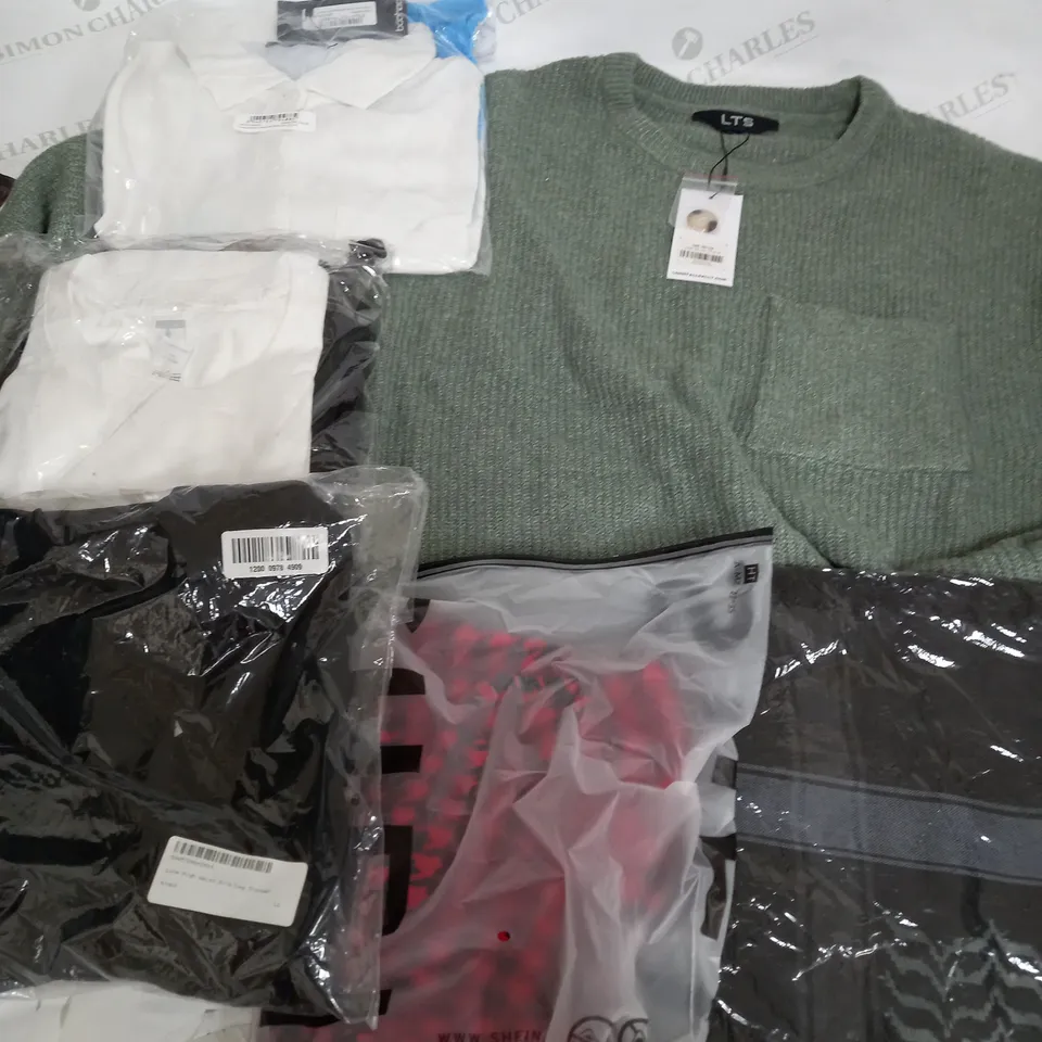 LARGE BOX OF ASSORTED CLOTHING ITEMS TO INCLUDE SWEATERS, SHIRTS, PANTS, ETC