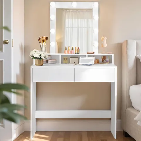 BOXED VASAGLE DRESSING TABLE, LED LIGHTS WITH ADJUSTABLE BRIGHTNESS, VANITY TABLE WITH MIRROR, 2 DRAWERS AND 3 COMPARTMENTS, MAKEUP TABLE, MODERN, WHITE