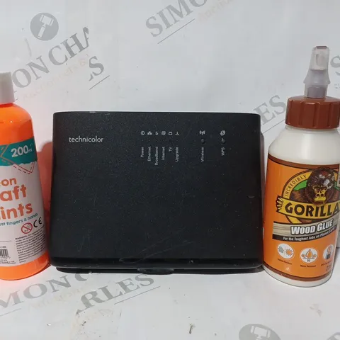 APPROXIMATELY 15 ASSORTED HOUSEHOLD ITEMS TO INCLUDE GORILLA WOOD GLUE, NEON CRAFT PAINTS, TECHNICOLOR WI-FI ROUTER, ETC