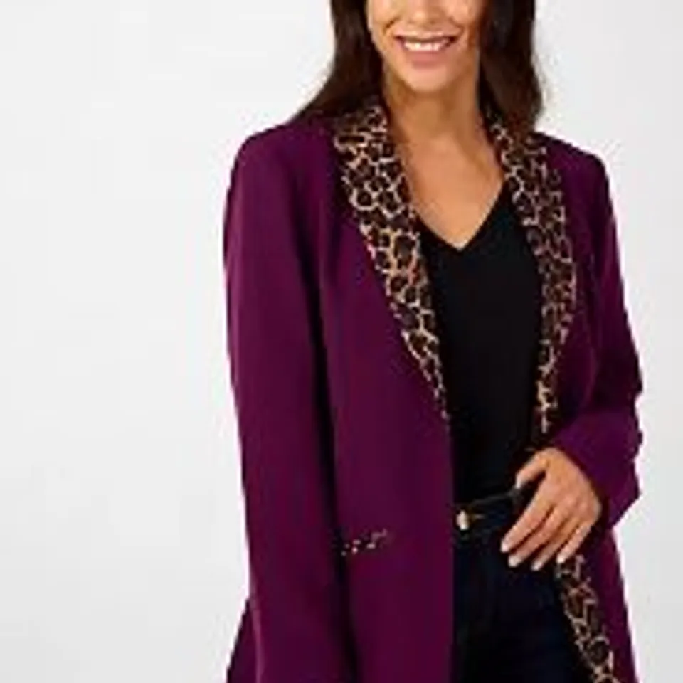 RUTH LANGSFORD BLAZER WITH ANIMAL PRINT LAPEL DAMSON SIZE 10