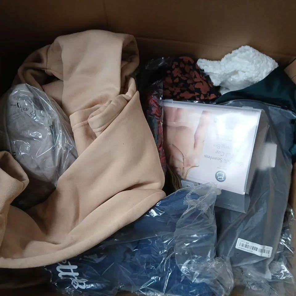 LARGE BOX OF ASSORTED CLOTHING ITEMS IN VARIOUS SIZES, STYLES AND COLOUR TO INCLUDE NURSING BRA HOODIE, JOGGERS, ETC 