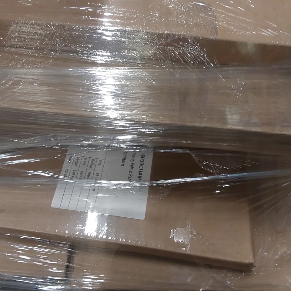 PALLET CONTAINING A LARGE QUANTITY OF ASSORTED BATHROOM FURNITURE PARTS INCLUDING: VANITY CARCASS, TALL WALL DOOR FURNITURE PART, VANITY PELMET PANEL ECT