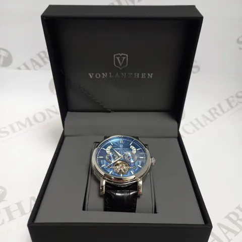 MENS VONLANTHEN AUTOMATIC WATCH – DATE YEAR SUB DIAL – OPEN HEART MOVEMENT – GLASS EXHIBITION BACKCASE – BLACK LEATHER STRAP 
