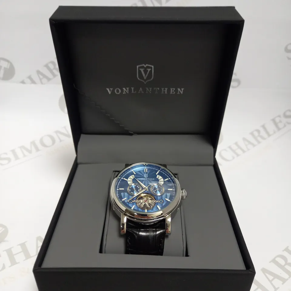 MENS VONLANTHEN AUTOMATIC WATCH – DATE YEAR SUB DIAL – OPEN HEART MOVEMENT – GLASS EXHIBITION BACKCASE – BLACK LEATHER STRAP 