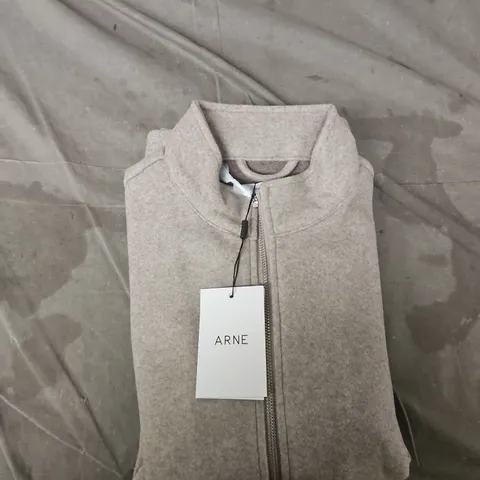 ARNE SOFT TOUCH KNITTED FUNNEL NECK JACKET – TAUPE, SIZE M