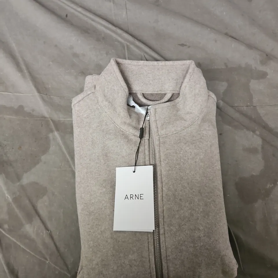 ARNE SOFT TOUCH KNITTED FUNNEL NECK JACKET – TAUPE, SIZE M