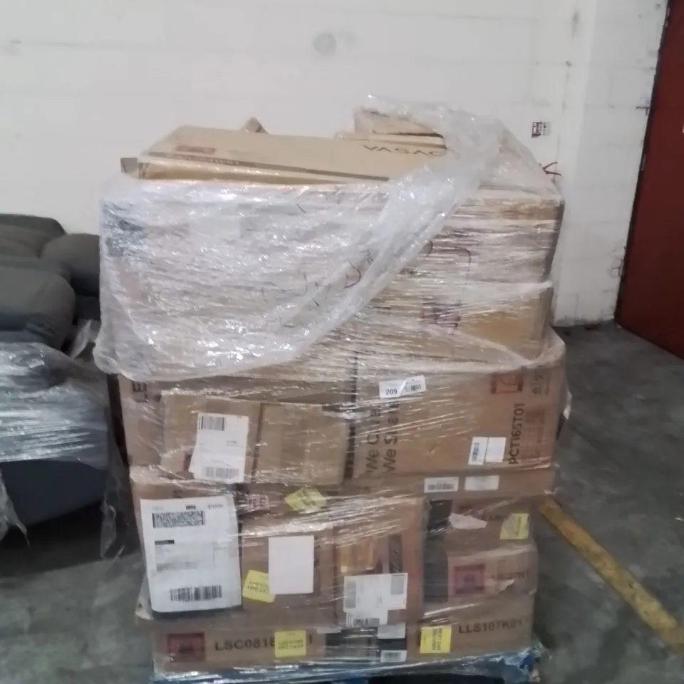 PALLET CONTAINING VARIOUS ASSORTED BOXED ITEMS TO INCLUDE: WASHBASIN CABINET, BLANKET SHELF, PET CAGE BOXED FURNITURE ECT.