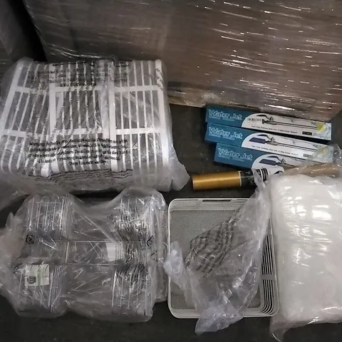 PALLET OF ASSORTED ITEMS INCLUDING WATER JET CLEANING SOLUTION, M DESIGN SHOWER RACK, M DESIGN WHITE WIRE STORAGE BASKET, GLOBAL WALKABOUT SCRATCH MAP, CUSHION INNER PADS,