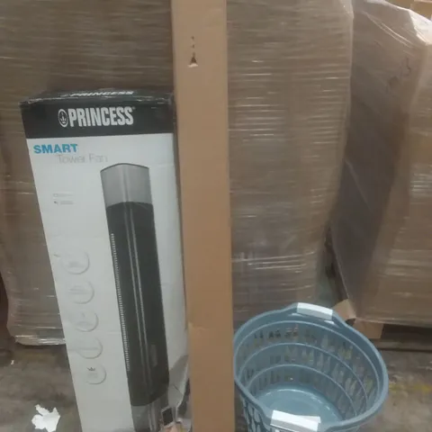 PALLET OF ASSORTED ITEMS INCLUDING SMART TOWER FANS, WASHING BASKET, PALE GOLD BEZELS