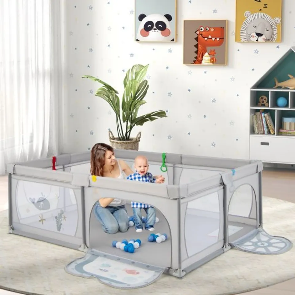 BOXED COSTWAY BABY PLAYPEN WITH 50 BALLS & 2 DOORS, BREATHABLE NET & ZIPPER - GREY-FISH