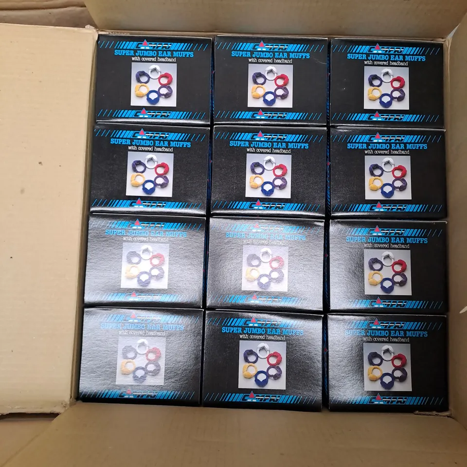 BOXED LOT OF APPROX. 24 PAIRS OF JUMBO EAR MUFFS. VARIOUS COLOURS