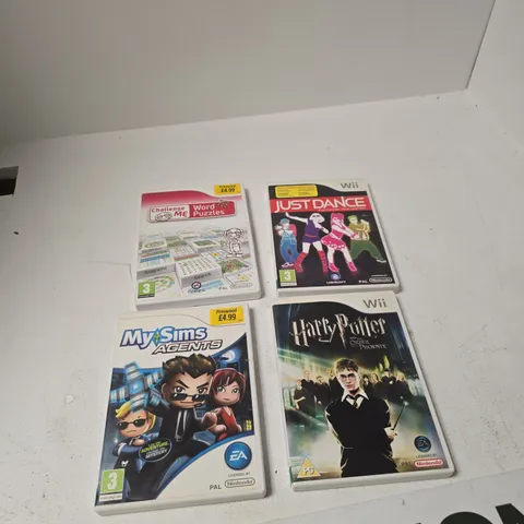 NINTENDO WII GAME CASE LOT – 4 TITLES (JUST DANCE; MYSIMS AGENTS; HARRY POTTER AND THE ORDER OF THE PHOENIX; CHALLENGE ME WORD PUZZLES)
