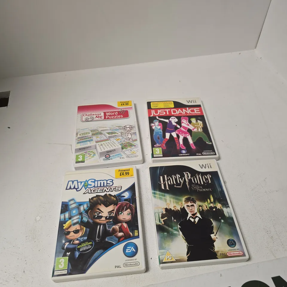 NINTENDO WII GAME CASE LOT – 4 TITLES (JUST DANCE; MYSIMS AGENTS; HARRY POTTER AND THE ORDER OF THE PHOENIX; CHALLENGE ME WORD PUZZLES)