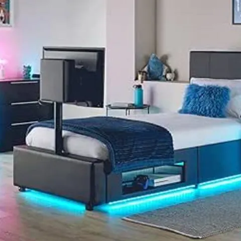 BOXED X-ROCKER AVA LEATHER TV BED WITH ROTATING TV MOUNT 32" WITH UNDERBED STORAGE AND AMBIENT RGB LED LIGHTING, SINGLE 3FT - WHITE (1 BOX)