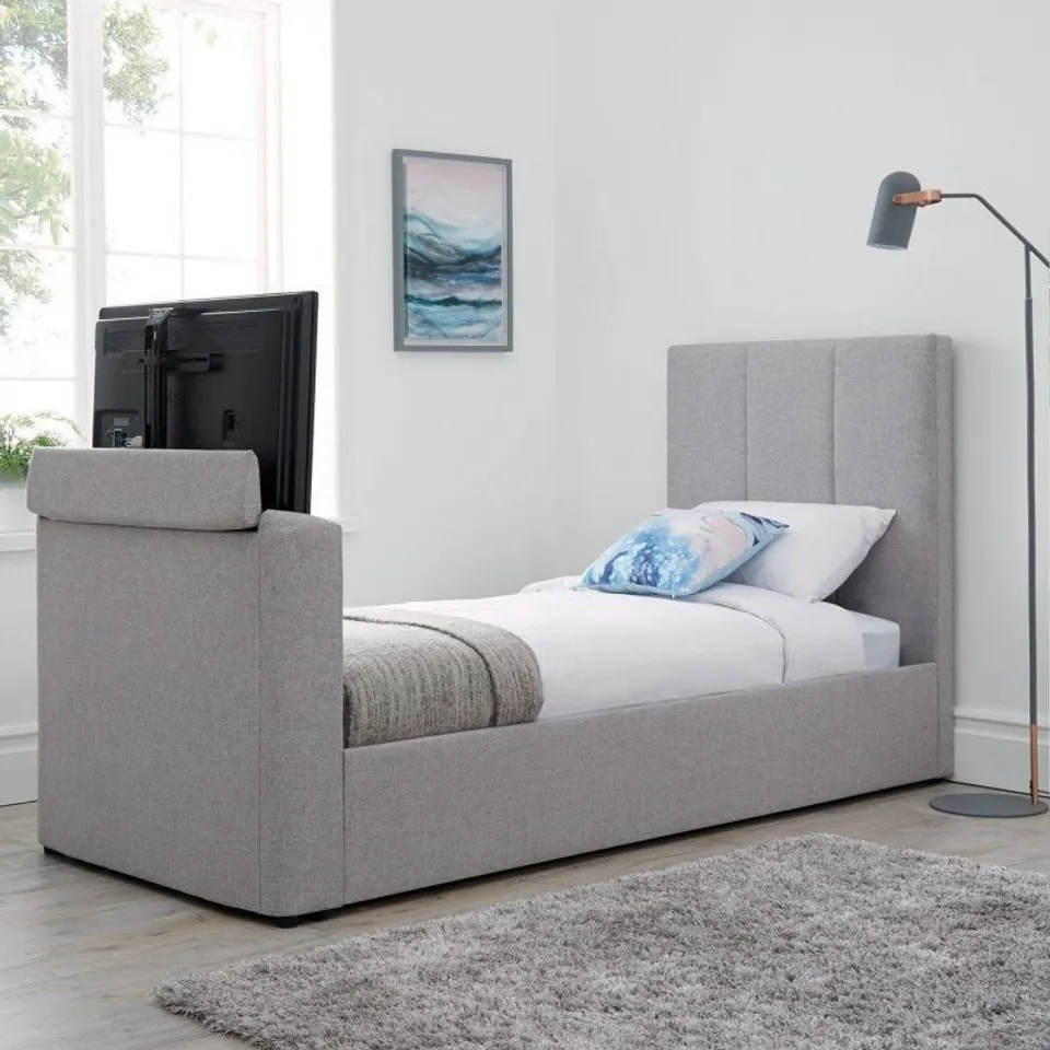 BOXED PARKER MANUAL SINGLE SIZE TV BED - GREY (3 OF 4 BOXES ONLY, MISSING HEADBOARD)