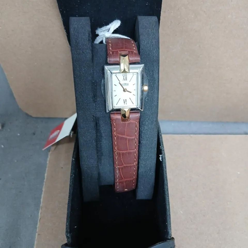 ROAMER POWER 8 WRISTWATCH – BROWN LEATHER STRAP, RECTANGULAR SILVER CASE (IN PRESENTATION BOX)