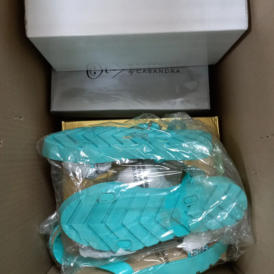 BOX OF APPROXIMATELY 5 ASSORTED PAIRS OF SHOES TO INCLUDE HOTLIPS SPIKED SHOES, CHAMPAGNE HIGH HEELS, PLATFORM SANDALS ETC