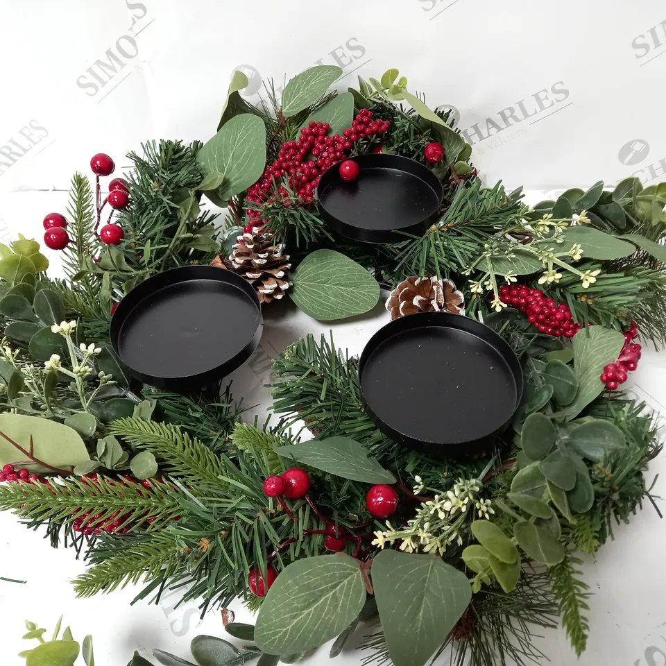 HOME REFLECTIONS 3 IN 1 FLAMELESS CANDLE WITH WREATH SET RED BERRY