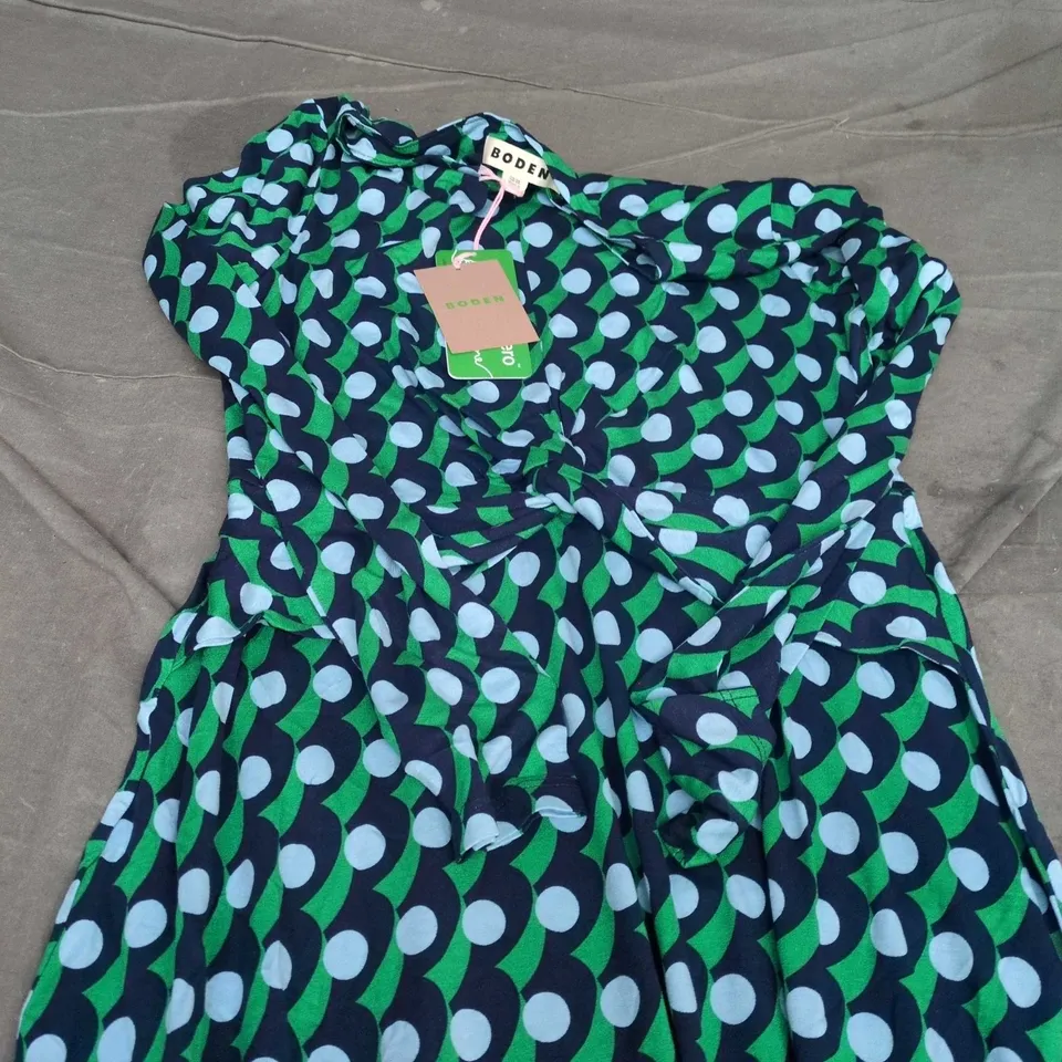 BODEN WOMEN'S DRESS – GREEN & NAVY WITH LIGHT-BLUE DOTS, UK 8R 