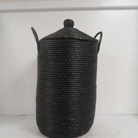 TALL BLACK WOVEN STORAGE BASKET WITH LID AND HANDLES