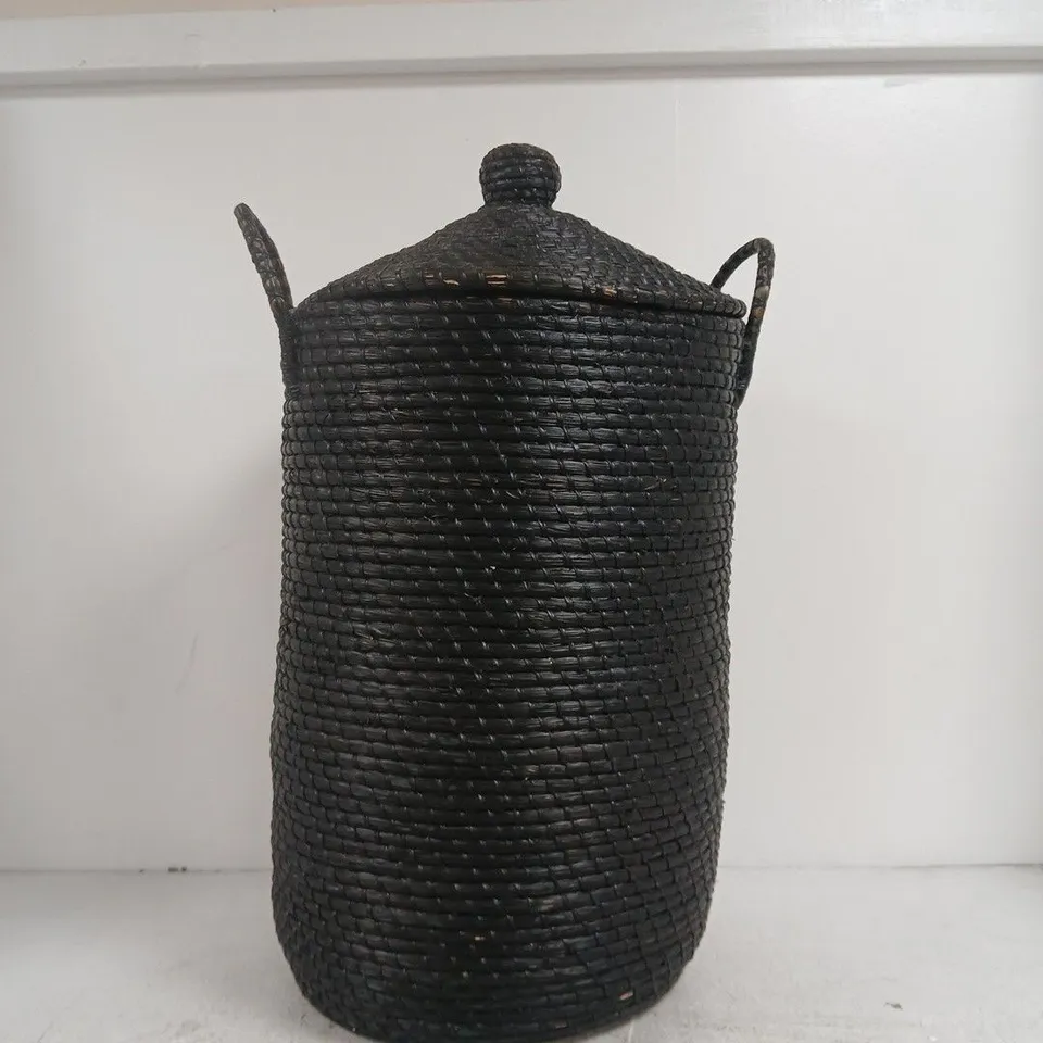 TALL BLACK WOVEN STORAGE BASKET WITH LID AND HANDLES