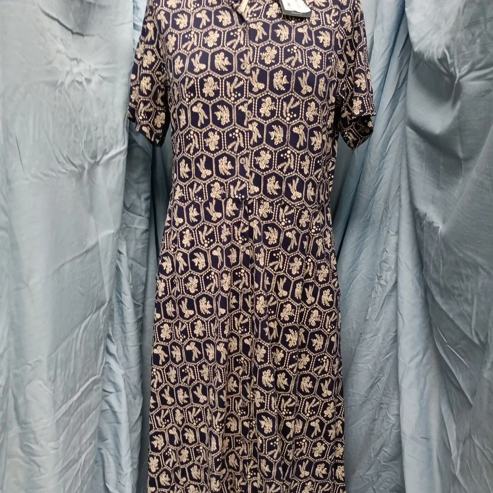 WHITE STUFF WOMEN'S PATTERNED LONG DRESS – NAVY WITH BEIGE MOTIF SIZE UK 14