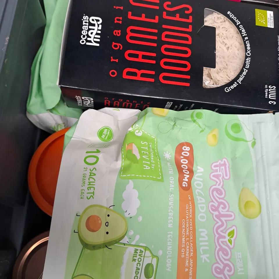 BOX OF APPROXIMATELY 10 ITEMS TO INCLUDE ORGANIC RAMEN NOODLES, AVOCADO MILK, DATES ETC