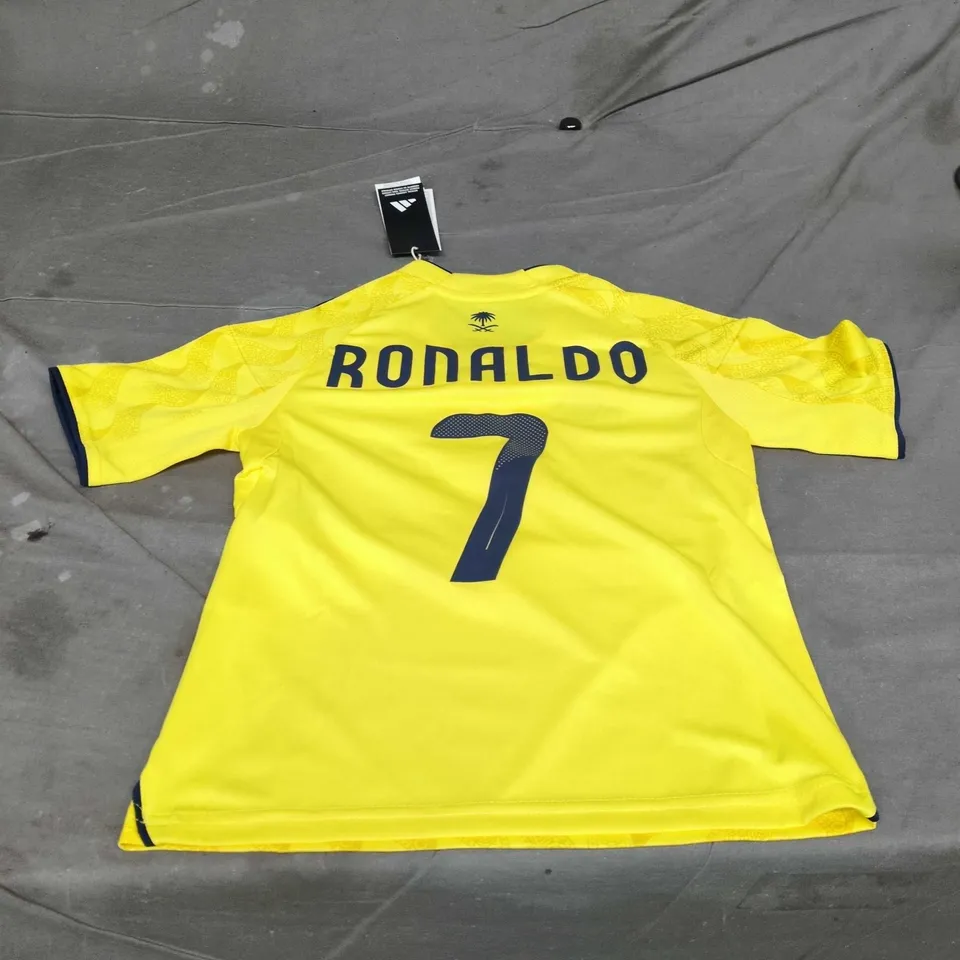 UK 7-8Y ADIDAS NASSR RIYADH 1955 RONALDO 7 YOUTH FOOTBALL JERSEY – YELLOW