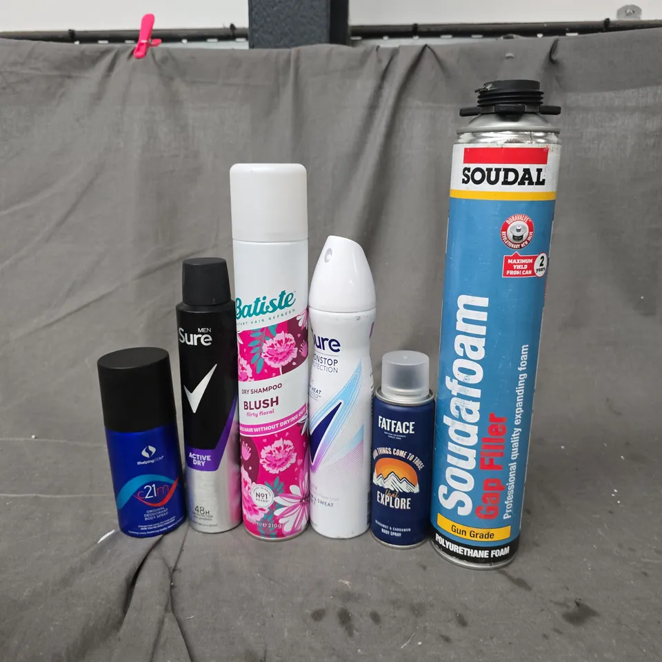 APPROXIMATELY 10 ASSORTED AEROSOLS TO INCLUDE SOUDAFOAM GAP FILLER, FATFACE EXPLORE SPRAY, BATISTE BLUSH DRY SHAMPOO, ETC - COLLECTION ONLY