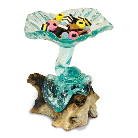 BRAND NEW HOMESDIRECT365 TEAK ROOT WITH GLASS SWEET DISH 