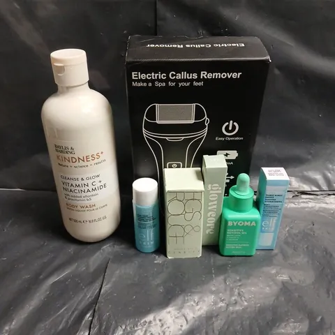 APPROXIMATEY 20 ASSORTED HEALTH AND BEAUTY PRODUCTS TO INCLUDE - BYOMA SENSITIVE RETINOL OIL - BAYLIS & HARDING BODY WASH - ELECTRIC CALLUS REMOVER - ETC
