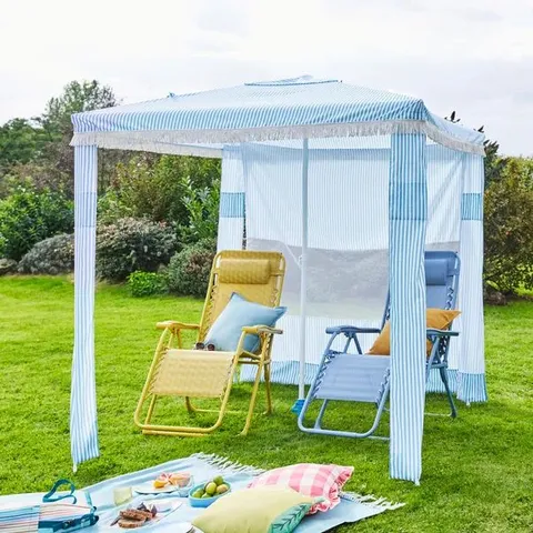 BOXED RIVIERA BLUE AND WHITE STRIPED CABANA PARASOL