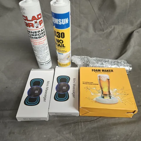 APPROXIMATELY 10 ASSORTED HOUSEHOLD ITEMS TOO INCLUDE ADHESIVE , FOAM MAKER , MINI MASSAGER , ETC 
