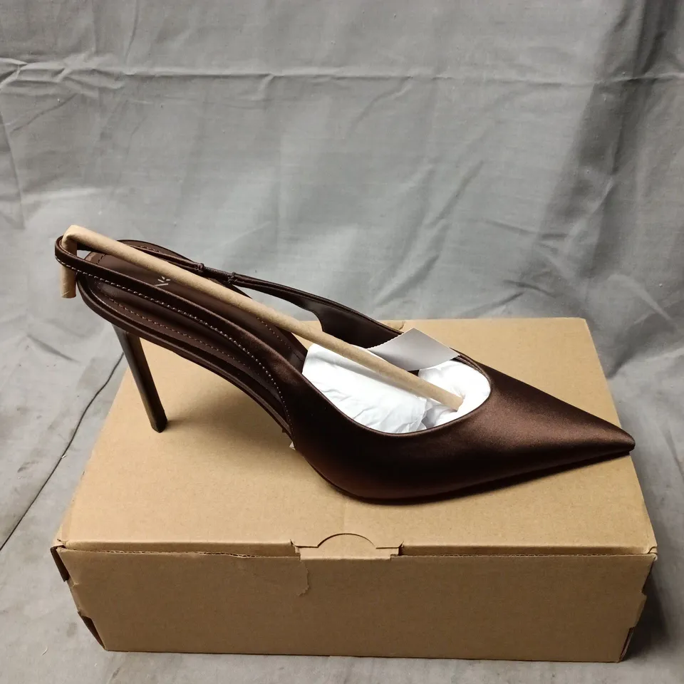 MNG BY MANGO WOMEN'S BROWN SATIN SLINGBACK HIGH HEELS – POINTED TOE SIZE 5 BOXED