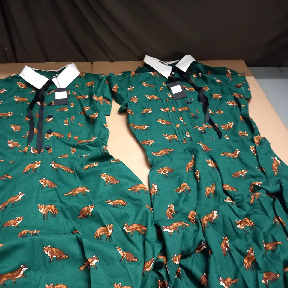 LOT OF 2 HELL BUNNY FOX THEMED BUTTON DETAIL GREEN DRESS - S&M