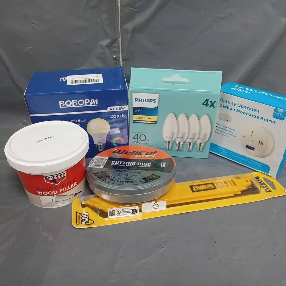 APPROXIMATELY 20 ASSORTED PRODUCTS TO INCLUDE PHILIPS LED, DEWALT DWAR9118 RECIPROCATING SAW BLADES, CARBON MONOXIDE ALARM