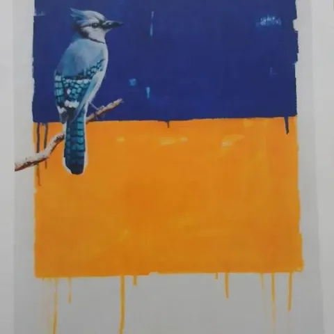 BLUE JAY BIRD PRINT WITH BLUE BIRD ON BLUE/ORANGE FIELD SIGNED BY DANIEL QUIRKE