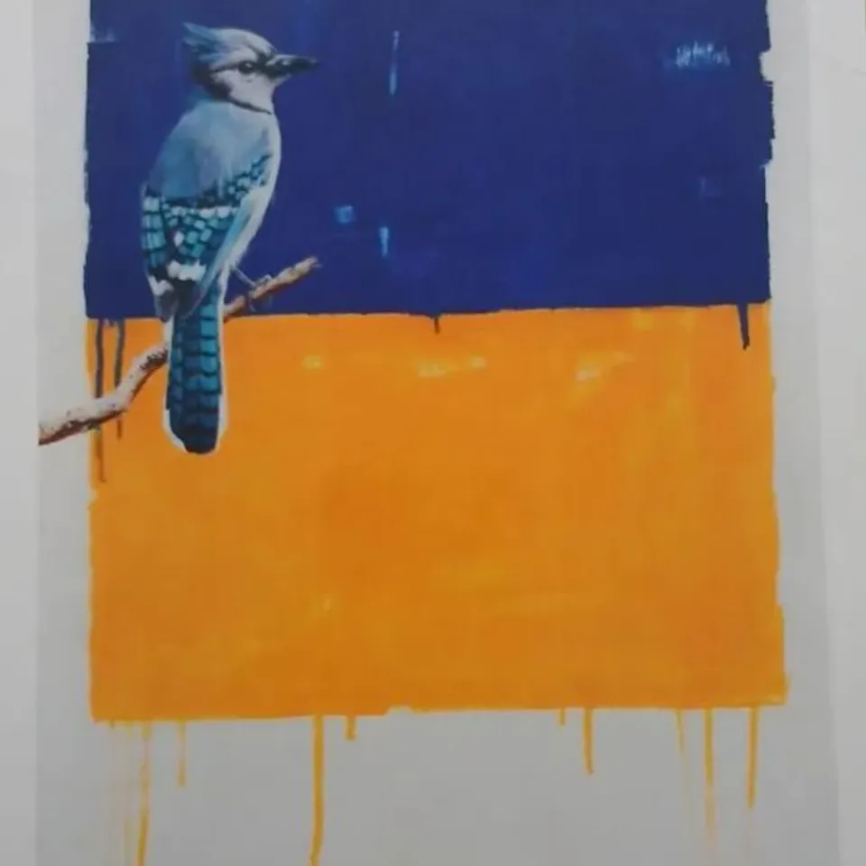 BLUE JAY BIRD PRINT WITH BLUE BIRD ON BLUE/ORANGE FIELD SIGNED BY DANIEL QUIRKE