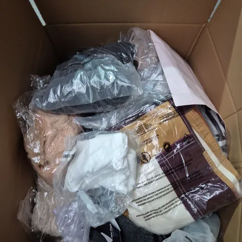 LARGE BOX OF ASSORTED CLOTHING ITEMS IN ASSORTED COLOUR, SIZES AND STYLES