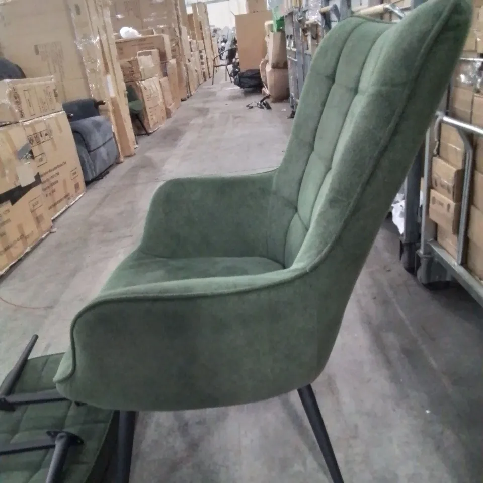 QUALITY DESIGNER GREEN FABRIC UPHOLSTERED ACCENT CHAIR AND FOOTSTOOL