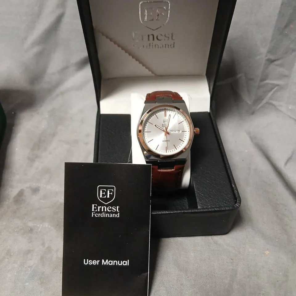 ERNEST FERDINAND WRISTWATCH - SILVER DIAL, ROSE-GOLD BEZEL, BROWN LEATHER STRAP (BOXED)