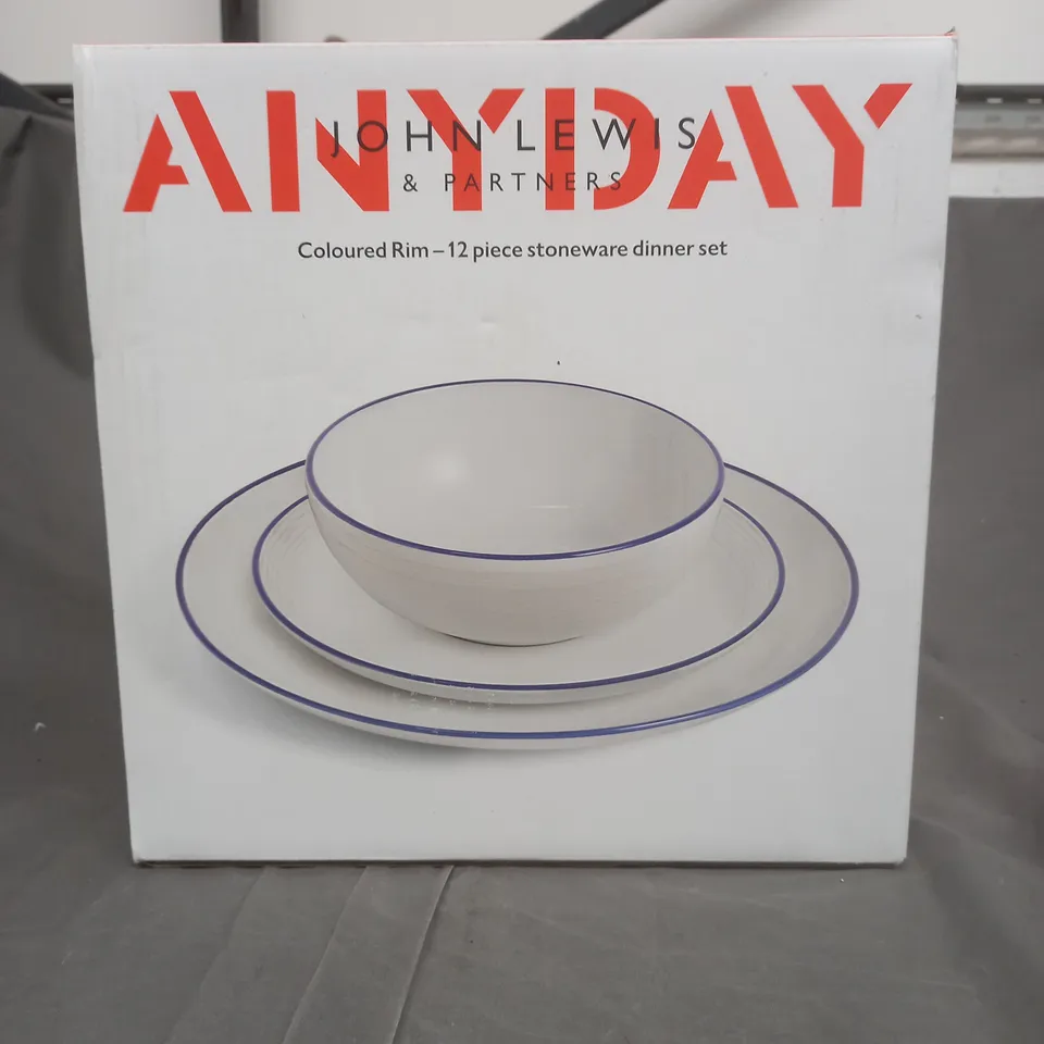 BOXED JOHN LEWIS ANYDAY COLOURED RIM 12 PIECE STONEWARE DINNER SET 