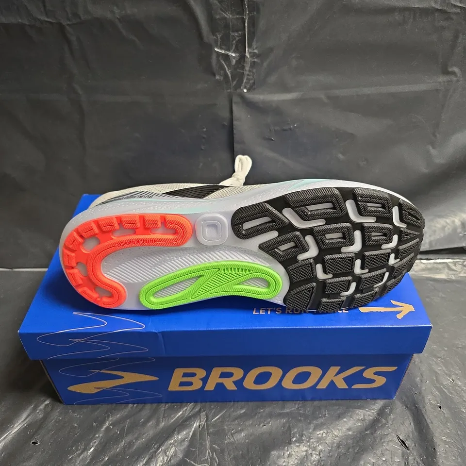BROOKS ADRENALINE GTS 24 RUNNING SHOES – MEN'S UK 11 (US 12), LIGHT GREY WITH NEON ACCENTS